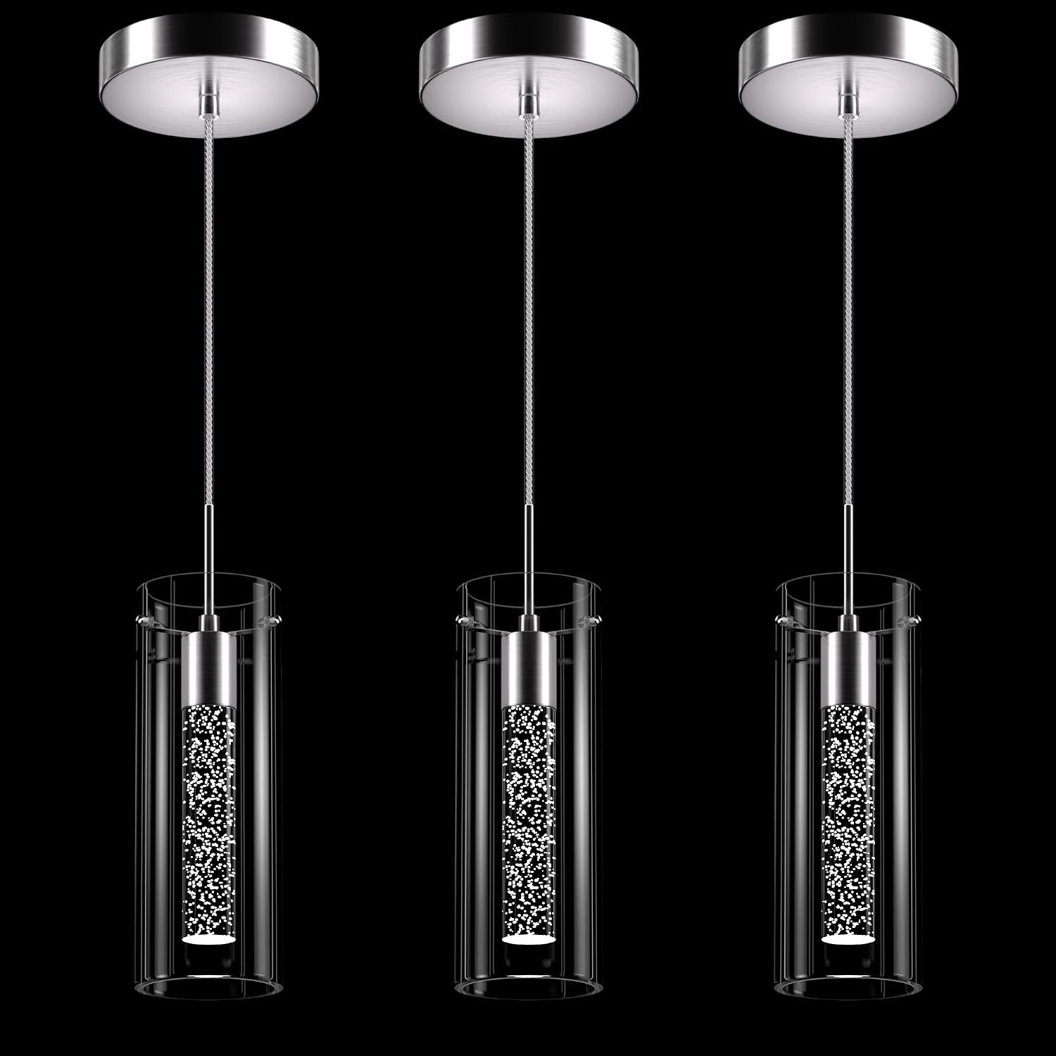 LED Crystal Pendant Lights for Kitchen Island, Brushed Nickel, 3 Pack