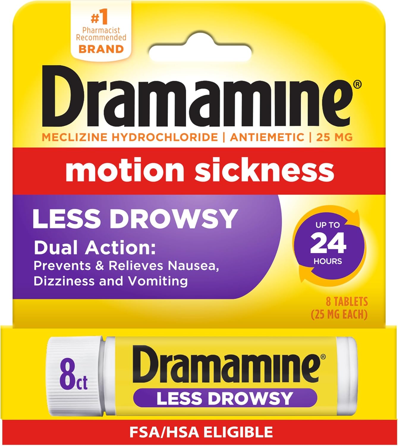 Dramamine Motion Sickness Relief, Less Drowsy, 8 Count