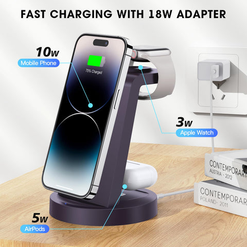 3 in 1 Charging Station for iPhone - Wireless Charger for Apple Products Multiple Devices - Charging Dock Stand for AirPods (for iPhone 16 15 14 13 pro 12 11 X Max)