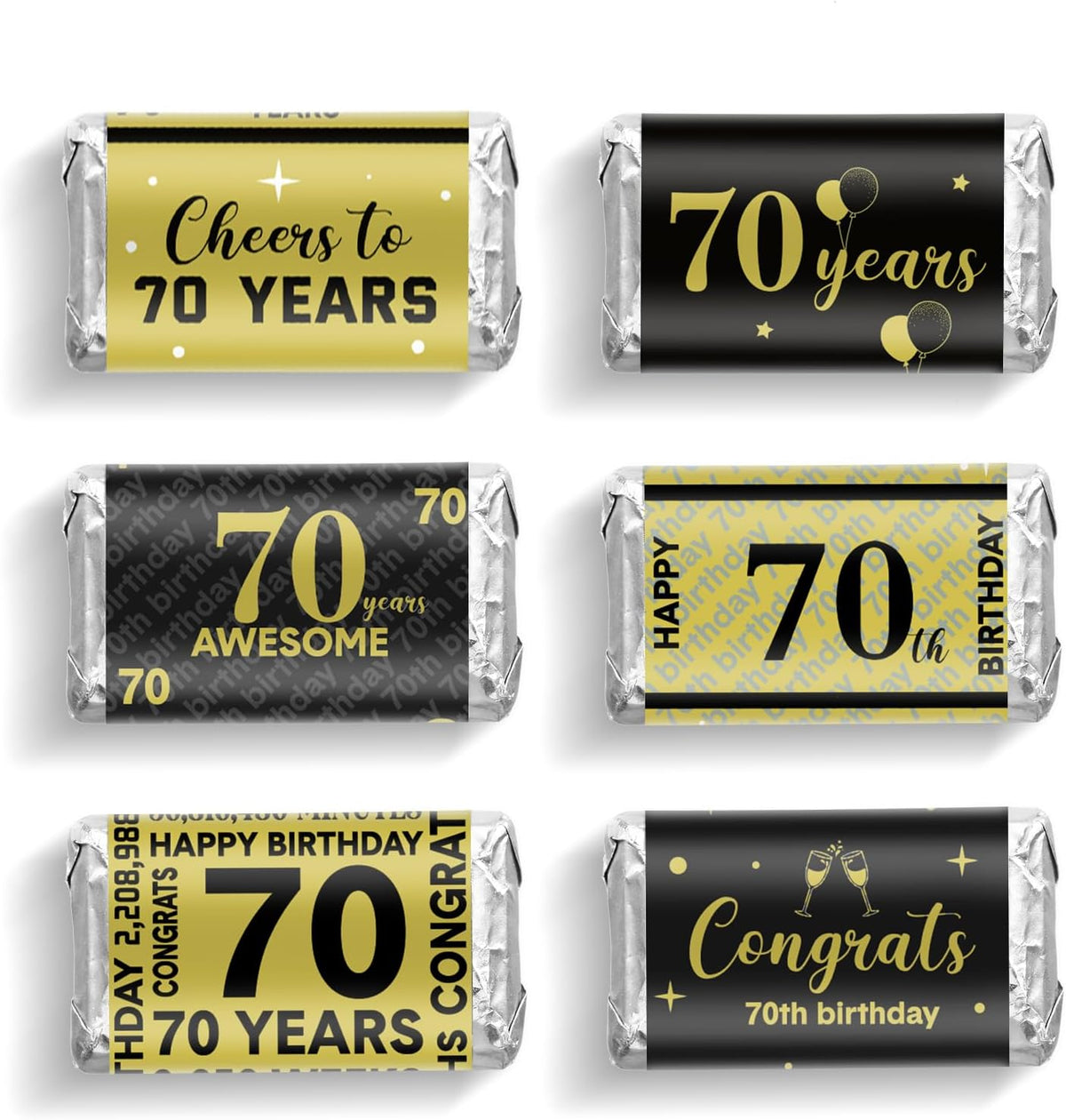 Tenare 90 Pcs 70th Birthday Candy Wrappers, Black and Gold Stickers