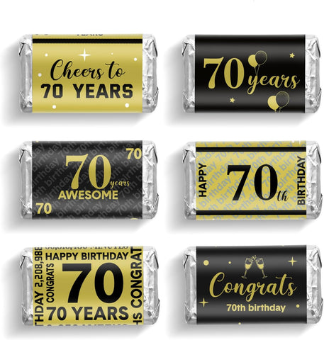 Tenare 90 Pcs 70th Birthday Candy Wrappers, Black and Gold Stickers