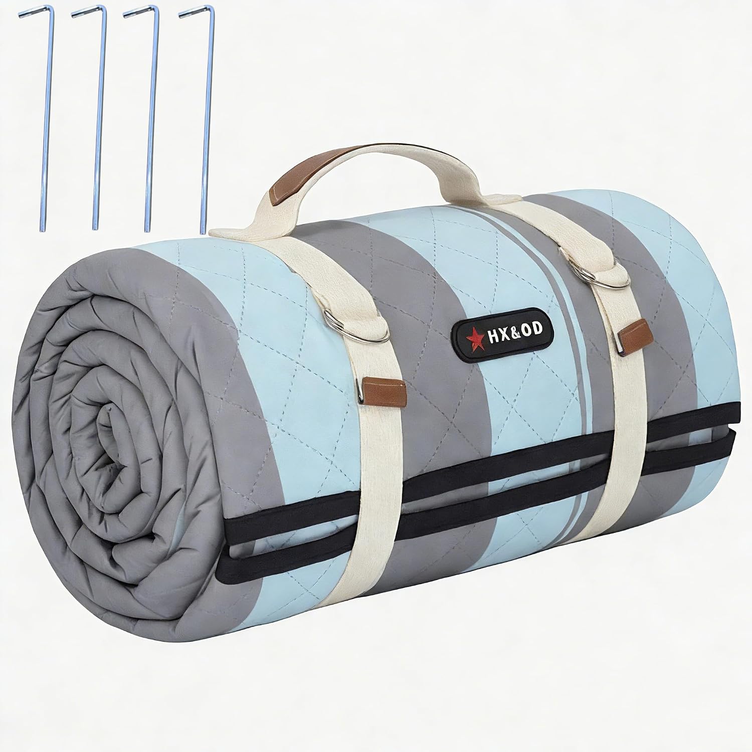 HX&OD Outdoor Picnic Blanket Extra Large, 80''*60'' Waterproof Picnic Mat with Stakes Foldable Camping Blanket Portable with Carry Strap for Beach Mat (Green& White, 80''*60'')