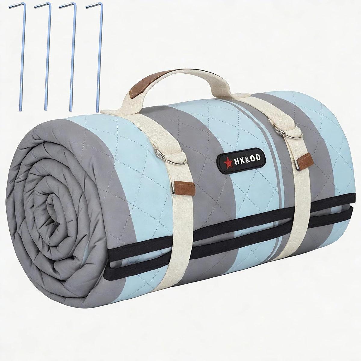 HX&OD Outdoor Picnic Blanket Extra Large, 80''*60'' Waterproof Picnic Mat with Stakes Foldable Camping Blanket Portable with Carry Strap for Beach Mat (Green& White, 80''*60'')