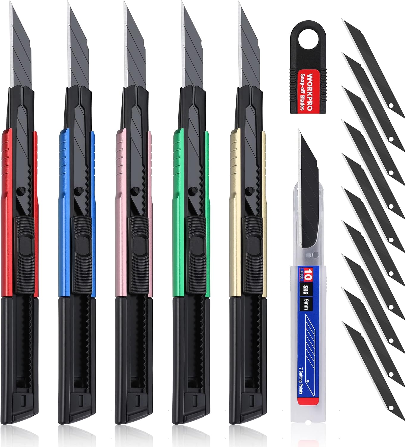 WORKPRO Premium Utility Knife Retractable Snap-off Blade, Heavy Duty Aluminum Box Cutter Set, Razor Knife Exacto Craft Knives, with 10 Extra 9mm Blades, Pack of 5