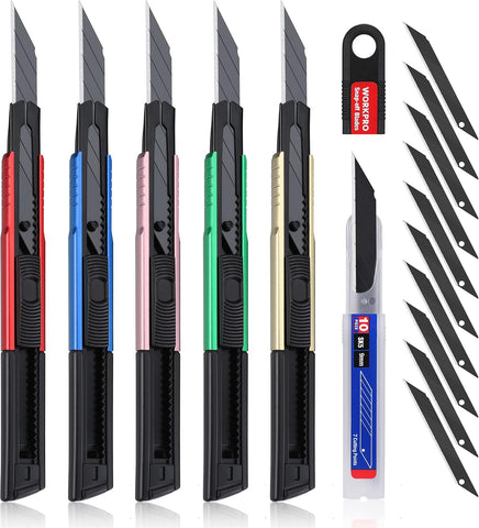 WORKPRO Premium Utility Knife Retractable Snap-off Blade, Heavy Duty Aluminum Box Cutter Set, Razor Knife Exacto Craft Knives, with 10 Extra 9mm Blades, Pack of 5