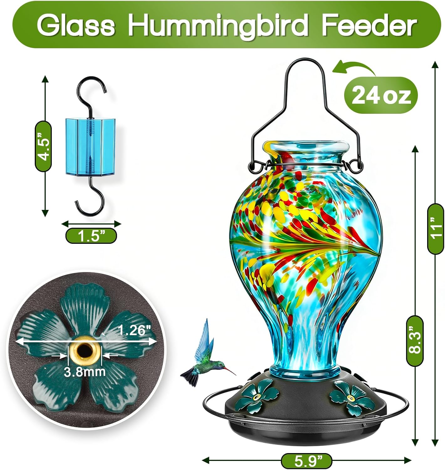 Hand Blown Glass Hummingbird Feeders for Outdoors Hanging, 24oz Wild Bird Nectar Feeder with Ant Moat and Perch, Bee-Resistant Ports, Garden Decor, Gifts for Women Mom, 1 Pack, Blue Phoenix