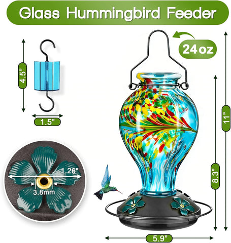 Hand Blown Glass Hummingbird Feeders for Outdoors Hanging, 24oz Wild Bird Nectar Feeder with Ant Moat and Perch, Bee-Resistant Ports, Garden Decor, Gifts for Women Mom, 1 Pack, Blue Phoenix