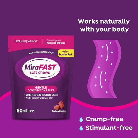 MiraFAST Soft Chews, from the Makers of MiraLAX, Gentle Constipation Relief, Fast Acting, Stimulant Free Saline Laxative, Magnesium Hydroxide, Blueberry & Raspberry Flavor, 60ct