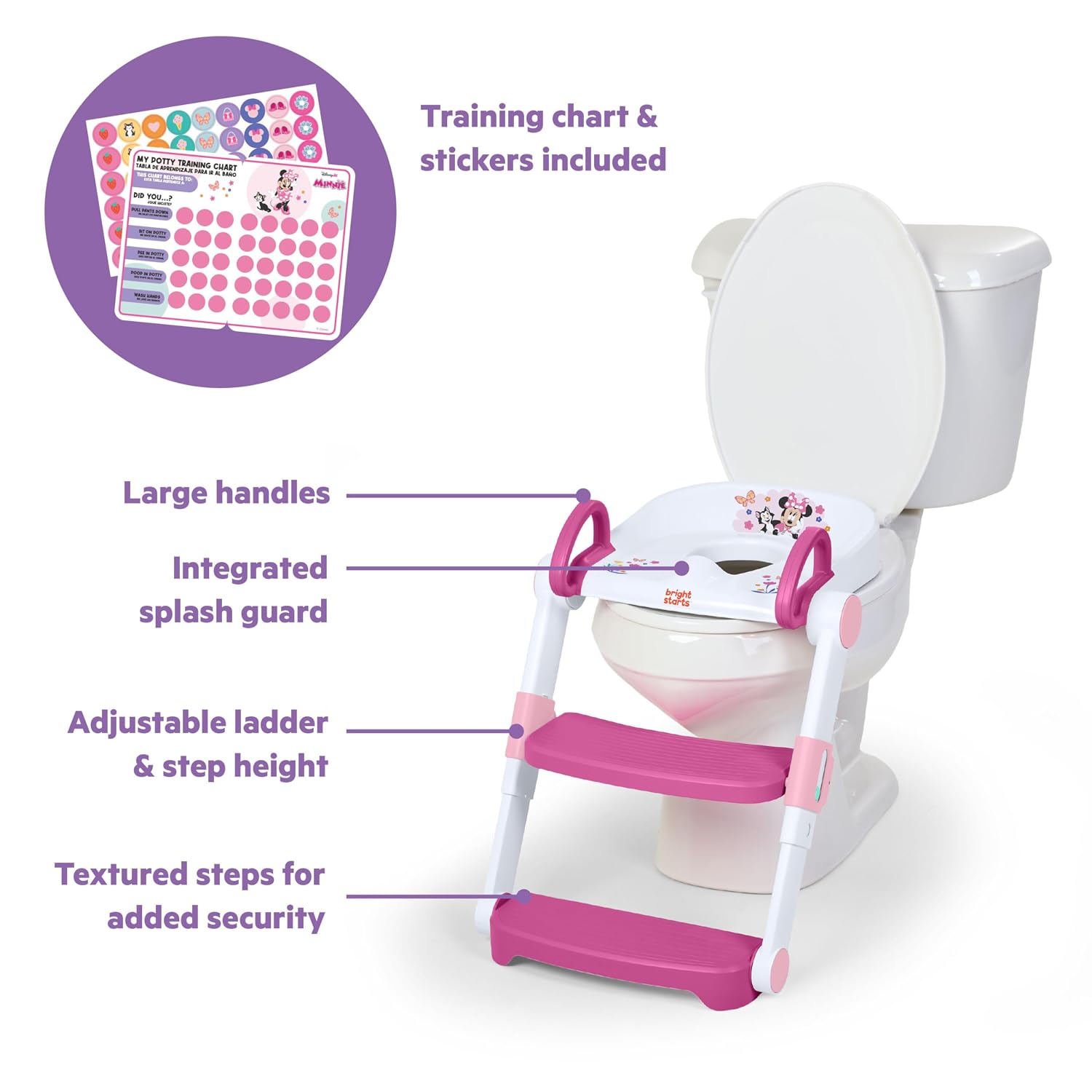 Disney Minnie Mouse Foldaway Ladder Potty Seat by Bright Starts, Toddler Toilet Training Seat with Step Stool & Handles, Easy-Fold Design for Storage, 18M - Up to 50 lbs