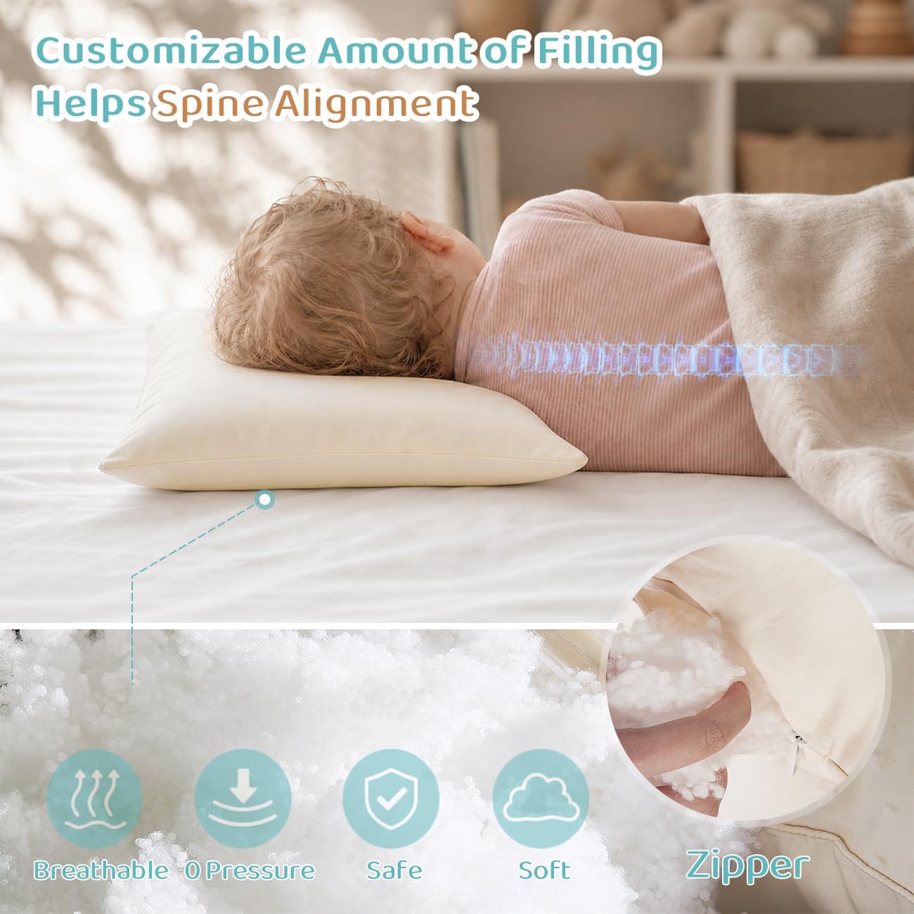 Adjustable Toddler Pillow for Ages 2-4 with Organic Cotton Pillowcase
