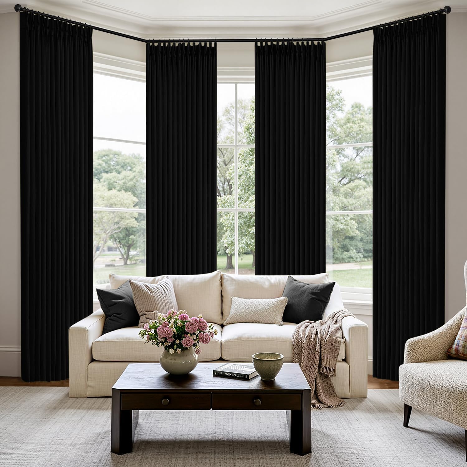 MIULEE Pinch Pleated Thick Linen Curtains 40x102 Inch Black 4 Panels Set