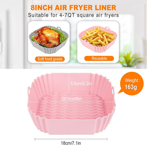 Boribim 2 PCS Square Silicone Air Fryer Liners - 8 Inch Air Fryer Reusable Liners - Kitchen Accessories - AirFryer Inserts for 4 to 7 QT Oven Microwave Accessories (Grey + Pink)