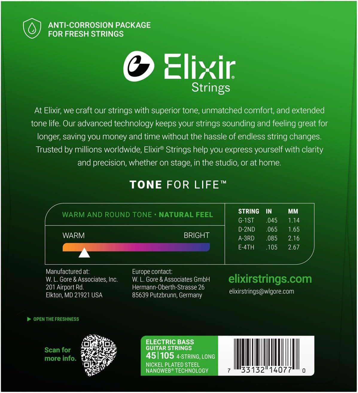Elixir Strings, Electric Bass Guitar Strings, Nickel Plated Steel with NANOWEB Technology, Longest-Lasting Warm Tone with Comfortable Feel, 4-String Set, Long Scale, Light/Medium 45-105