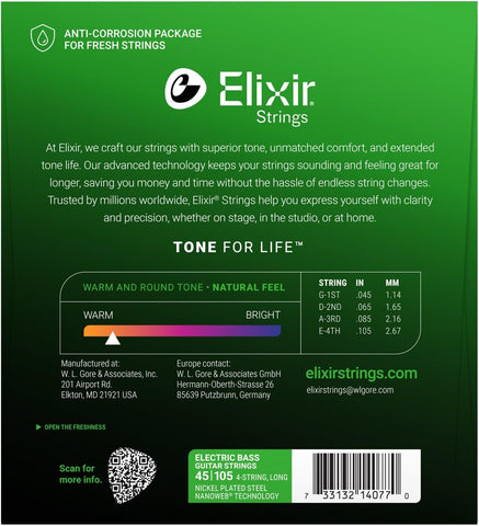 Elixir Strings, Electric Bass Guitar Strings, Nickel Plated Steel with NANOWEB Technology, Longest-Lasting Warm Tone with Comfortable Feel, 4-String Set, Long Scale, Light/Medium 45-105