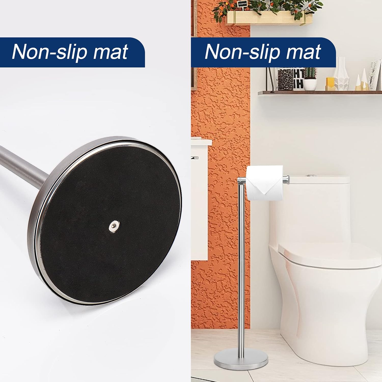 NearMoon Bath Toilet Paper Holder Stand- Modern Tissue Roll Holder Freestanding with Balanced Base, Rustproof Toilet Roll Holder for Bathroom/Kitchen Countertop (Brushed Nickel, Stainless Steel Base)