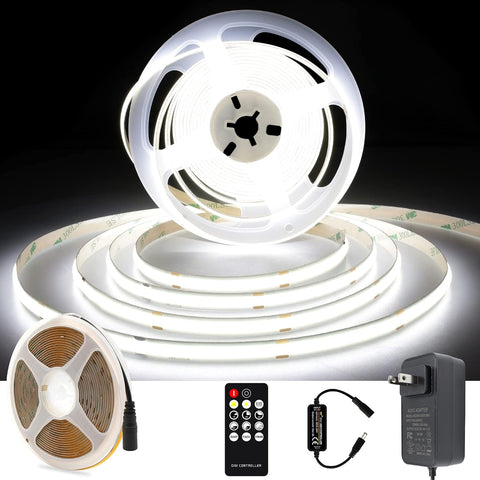 AXMOTUT White COB LED Strip Light, Dimmable 16.4ft/5m LED Light, 6000K Daylight White 2400 LEDs High Lumen LED Tape Lights CRI 90+ with RF Remote and UL Power for Bedroom,Kitchen,DIY Home Decoration