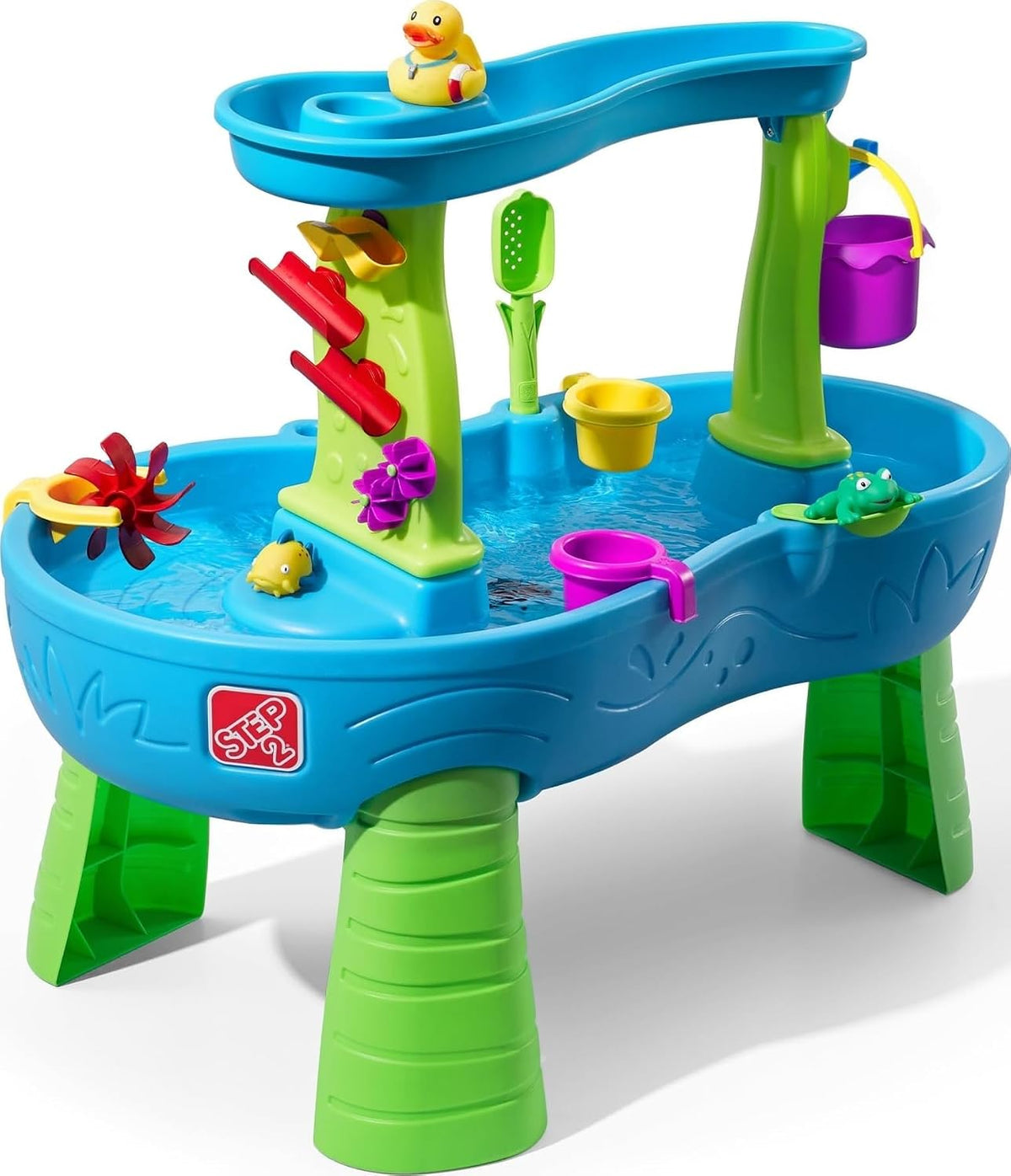 Step2 Rain Showers Splash Pond Toddler Water Table, Outdoor Kids Water Sensory Table, Ages 18+ Months, 13 Piece Water Toy Accessories, Blue & Green