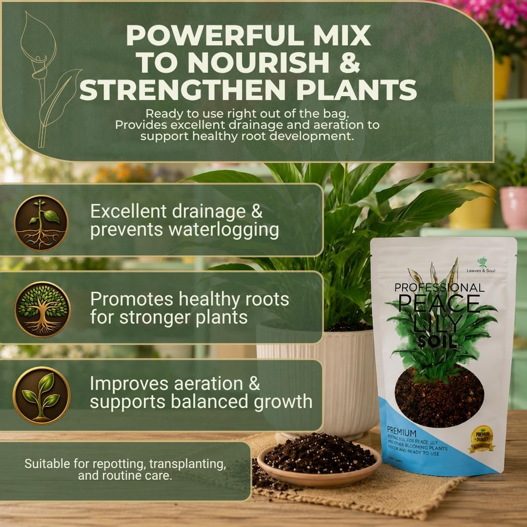 Professional Peace Lily Potting Soil Mix Large 2.2 Quarts Ready to Use, Premium Nutrient-Rich Blend for Indoor Peace Lily Plants, Peat Moss Coco Coir Perlite Dolomite, Well-Draining Soil Made in USA