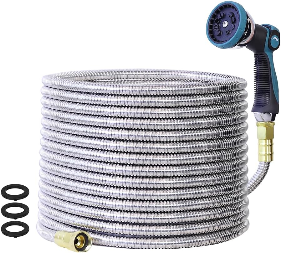 50FT Garden Hose, Stainless Steel Water Hose, Metal Hose Flexible with a 10-Mode Nozzle Sprayer, No Kink, Lightweight, Puncture Proof, Ideal for Yard, Lawn, Outdoor, 5/8'' Outside Diameter