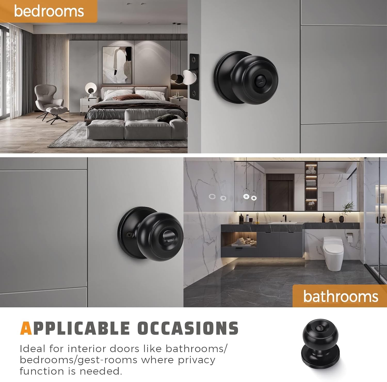 KNOBWELL 2 Pack Ball Privacy Door Knob, Black Interior Door Knob, Door Knob with Lock for Storeroom Bedroom Bathroom, Interior Door Use, Matte Black