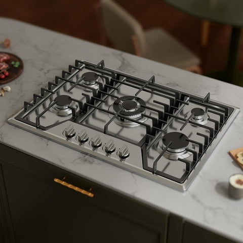 30 inch Gas Cooktop with 5 Sealed Burners, Stainless Steel Drop-in Stove Top, Dishwasher Safe Cast Iron Grates, NG/LPG Convertible, 38K BTU