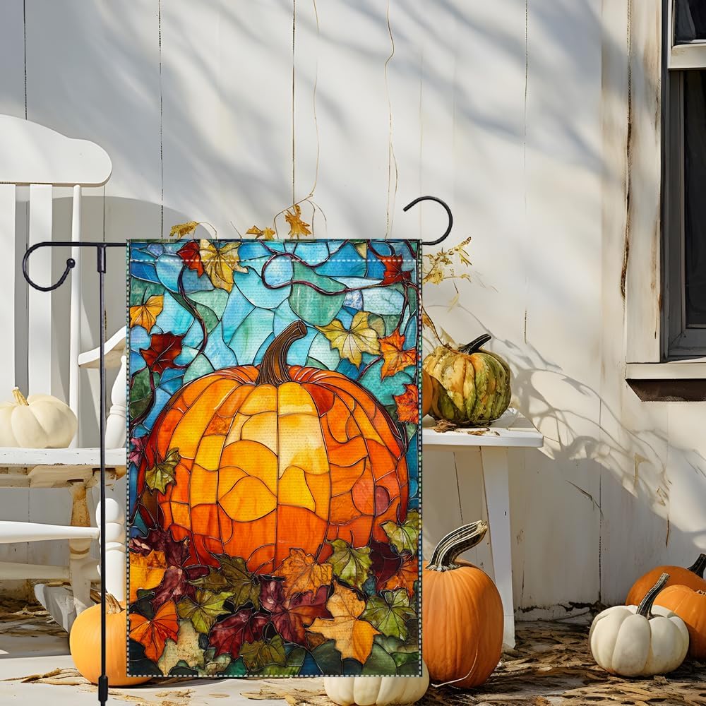 Fall Garden Flag For Outdoor Decor Thanksgiving Garden Flags Autumn Stained Glass Pumpkin Maple Leaf Double Sided Small Burlap Outside Porch Lawn Yard Flags Decorations 12.5x18 Inch