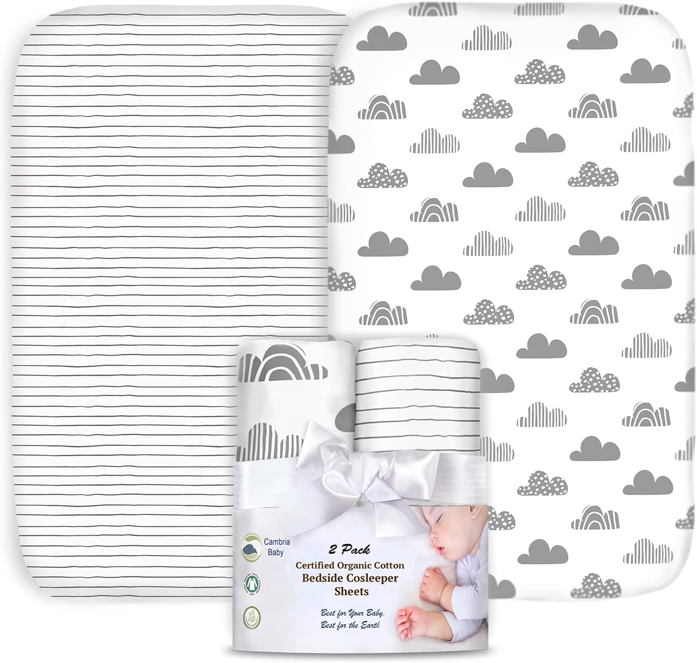 100% Organic Cotton 2 Pk Bedside Sleeper Bassinet Fitted Mattress Sheets Perfectly Compatible with Mika Micky, Baby Delight, Ronbei, Chicco, Cloud Baby, AMKE, Angelbliss, Arm's Reach. Cloud, Stripe