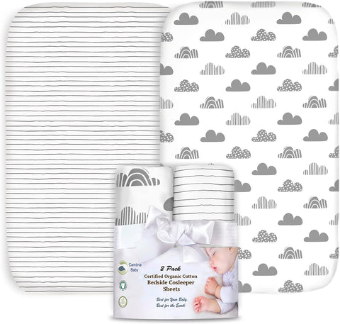 100% Organic Cotton 2 Pk Bedside Sleeper Bassinet Fitted Mattress Sheets Perfectly Compatible with Mika Micky, Baby Delight, Ronbei, Chicco, Cloud Baby, AMKE, Angelbliss, Arm's Reach. Cloud, Stripe