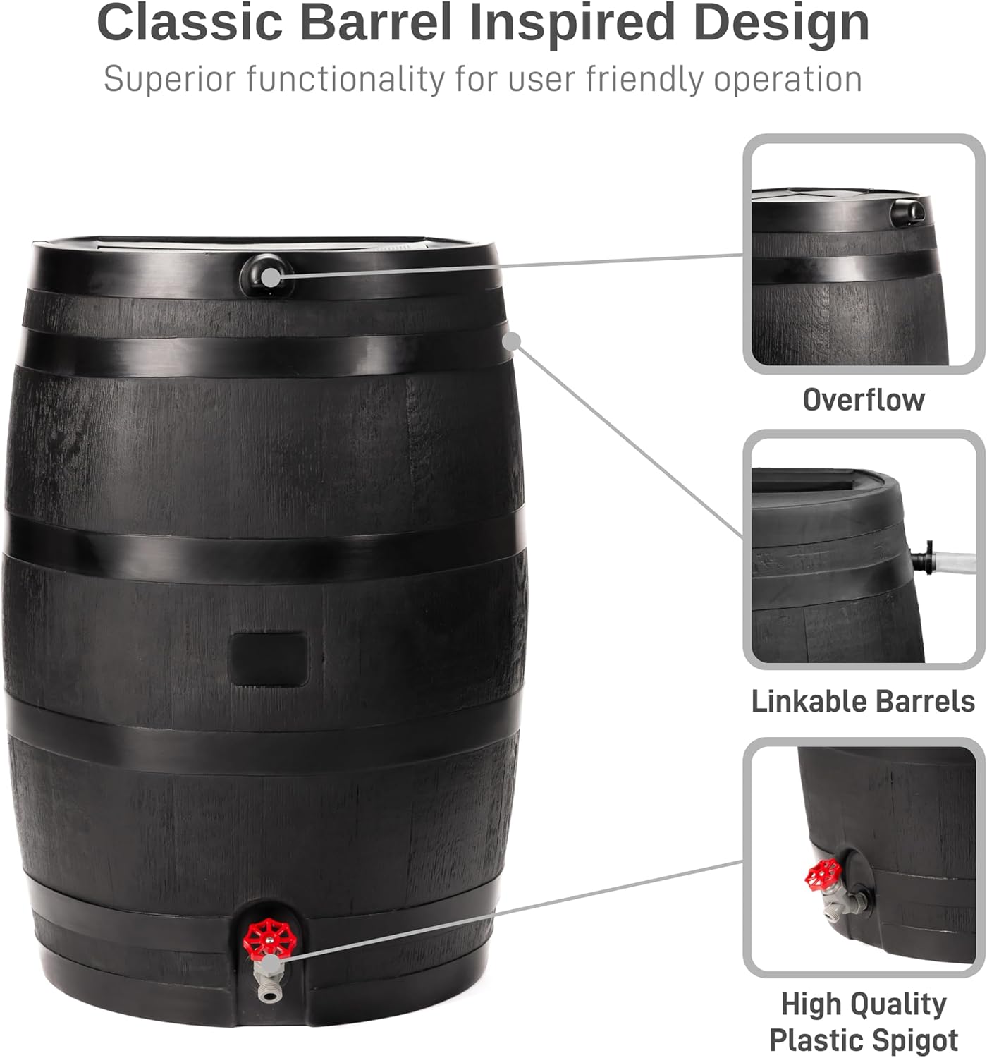 RTS Home Accents 50-Gallon ECO Rain Barrel Made with 100% Recycled Plastic, Flat Back Rain Water Collection Barrel, Stand Included, Black