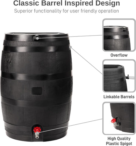 RTS Home Accents 50-Gallon ECO Rain Barrel Made with 100% Recycled Plastic, Flat Back Rain Water Collection Barrel, Stand Included, Black