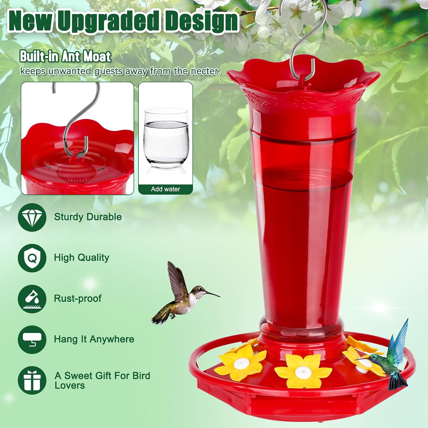 Gbekery 10 OZ Glass Hummingbird Feeders for Outdoors Hanging - Red 2 Pack, Ant & Bee Proof and 6 Feeding Ports, Garden Yard Décor Gifts for Mom