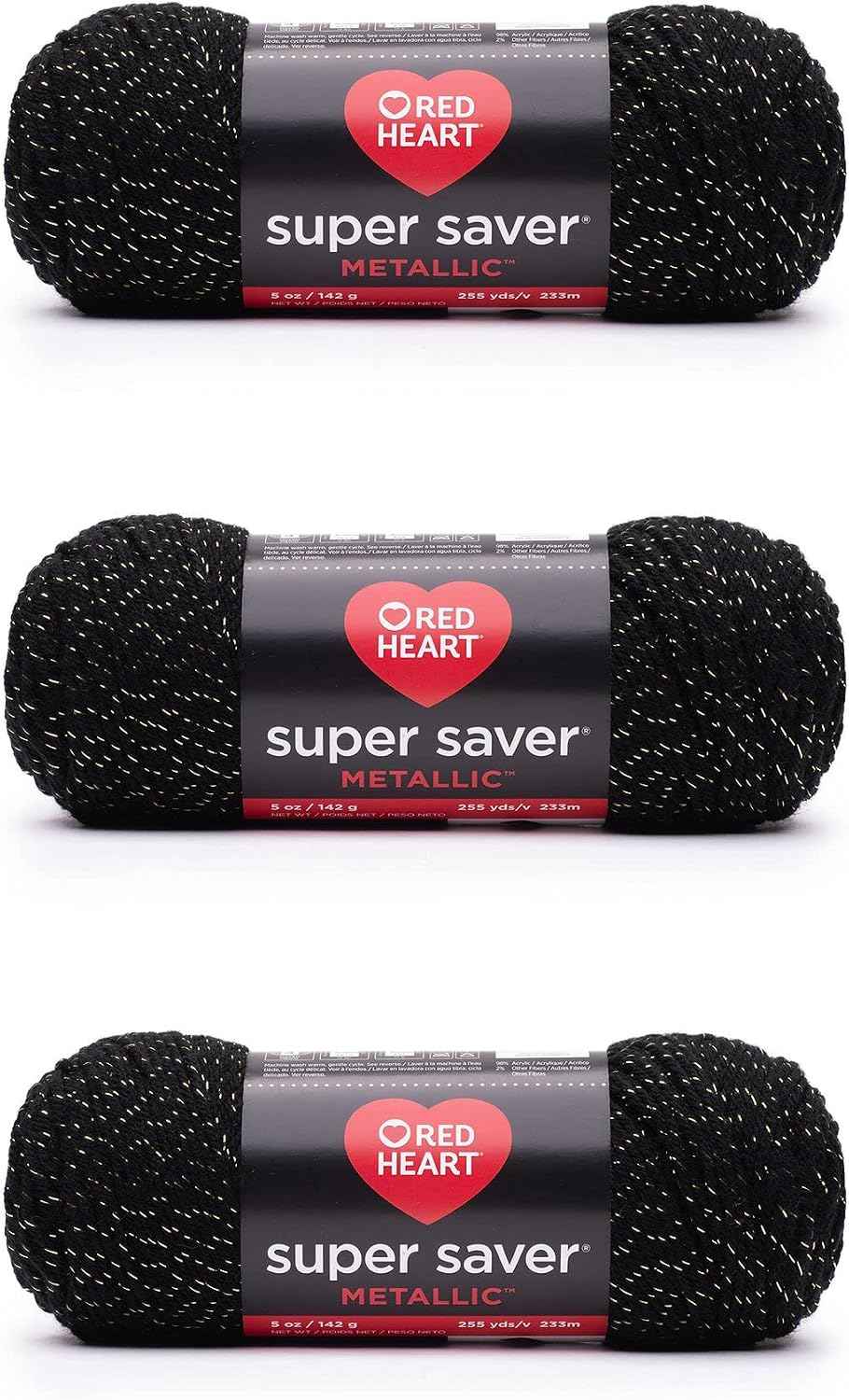 Red Heart Super Saver Metallic Yarn for Crocheting, Black Gold, 3-Pack