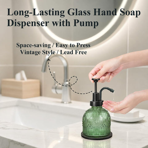 Amolliar 8 Oz Glass Vintage Soap Dispenser Plastic Pump,Green