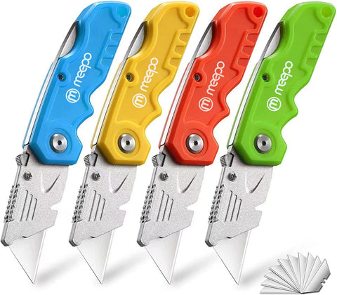 M MEEPO 4-Pack Box Cutter, Colorful Folding Utility Knife w/ 10 pcs Blades
