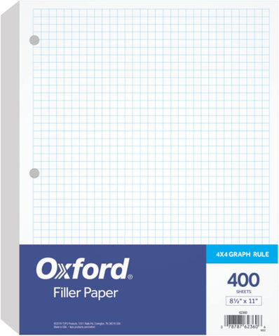 Oxford Filler Paper, 8-1/2" x 11", 4 x 4 Graph Rule, 3-Hole Punched, Loose-Leaf Paper for 3-Ring Binders, 400 Sheets Per Pack (62360),White (Pack of 10)