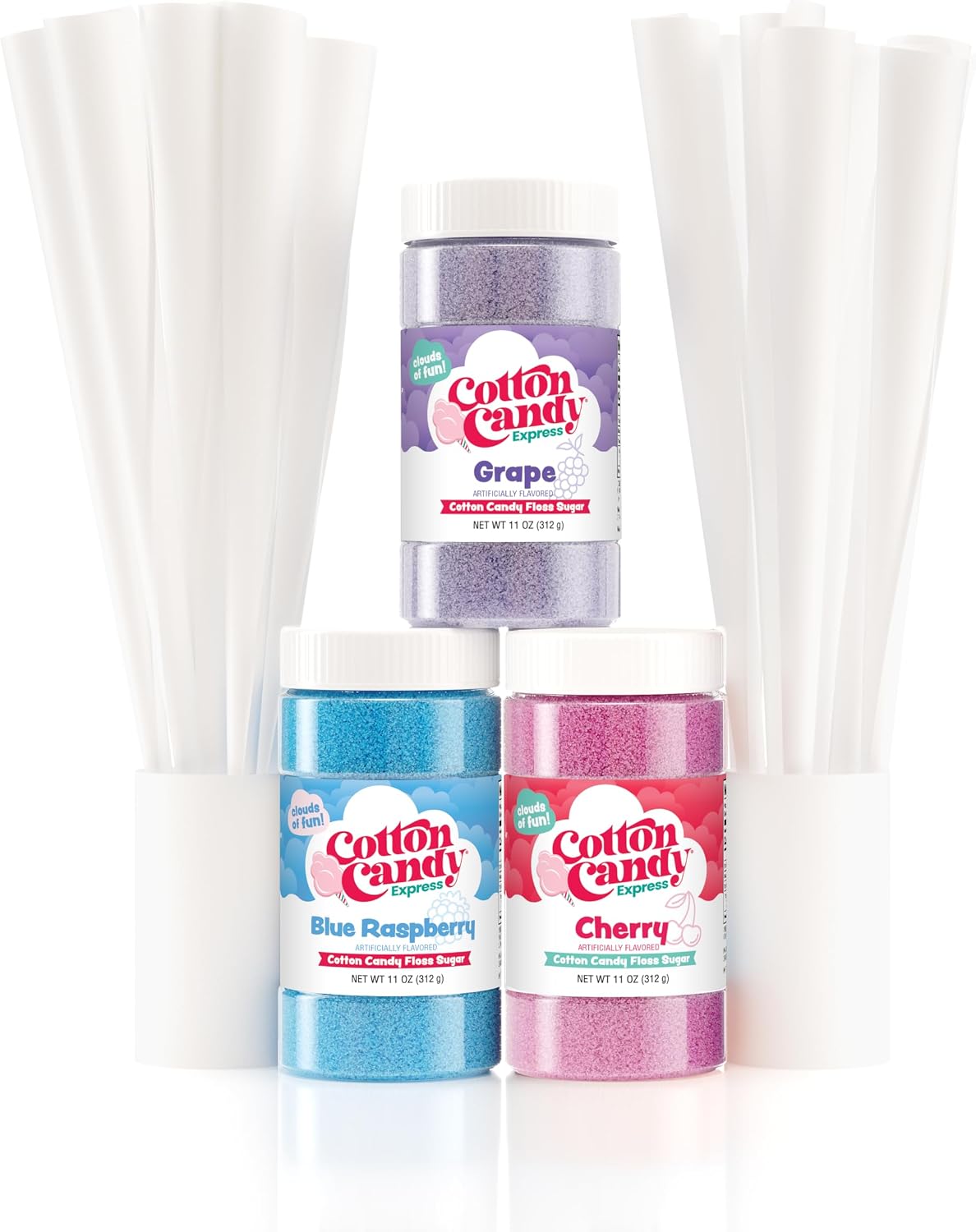 Cotton Candy Express BB1000-S Cotton Candy Machine, with 3-11oz. Jars of Cherry, Grape, Blue Raspberry Floss Sugar & 50 Paper Cones. Easy to Use and Clean. Nostalgia and Fun for Kids and Adults