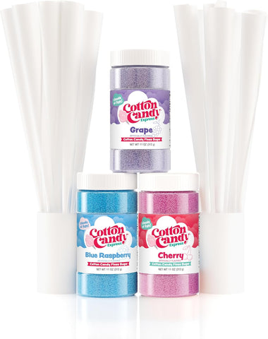 Cotton Candy Express BB1000-S Cotton Candy Machine, with 3-11oz. Jars of Cherry, Grape, Blue Raspberry Floss Sugar & 50 Paper Cones. Easy to Use and Clean. Nostalgia and Fun for Kids and Adults