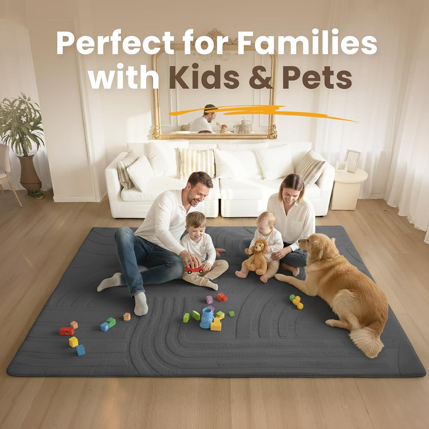 1.3" Thick Fluffy Baby Play Mat for Floor,Elasti Foam Padded Area Rug for Living Room Bedroom,Ultra Soft 3D Carved Kids Rug,Non-Slip Nursery Crawling Mat for Toddlers,4’x6’ Playroom Carpet(Charcoal)