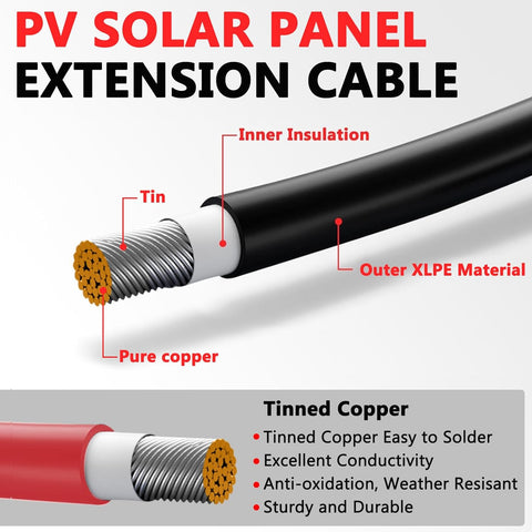 Vansdon 2x10 Feet Solar Panel Extension Cable, 10AWG Solar Cable, Solar Panel Cable with Female and Male Waterproof Connectors for RV, Photovoltaic Systems (10FT Red + 10FT Black)