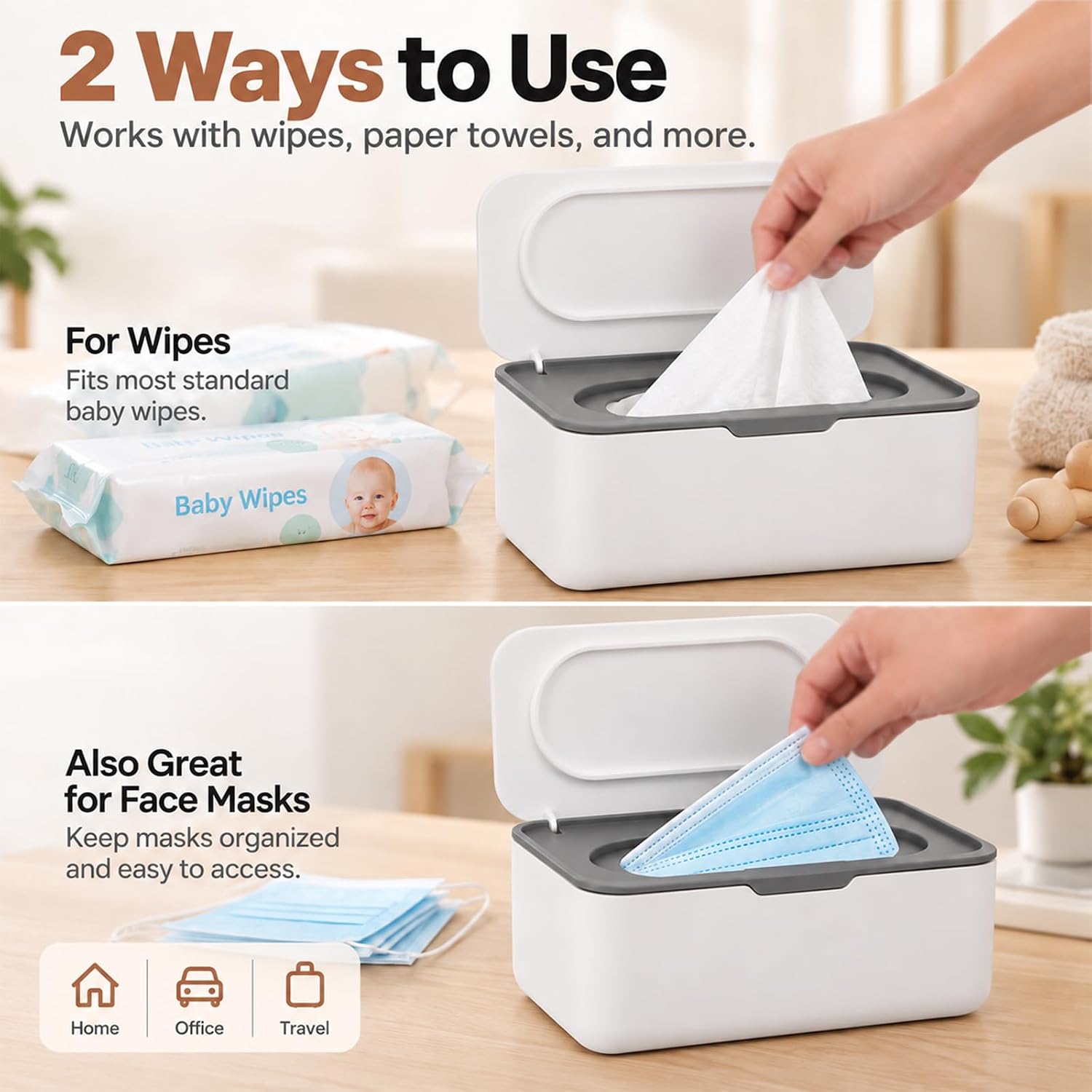 2 Pack Wipes Dispenser, Wipe Holder for Baby & Adult, Seposeve Refillable Wipe Container, Keeps Wipes Fresh, One-Handed Operation. Non-Slip, Easy Open/Close Wipes Pouch Case(2 Grey)