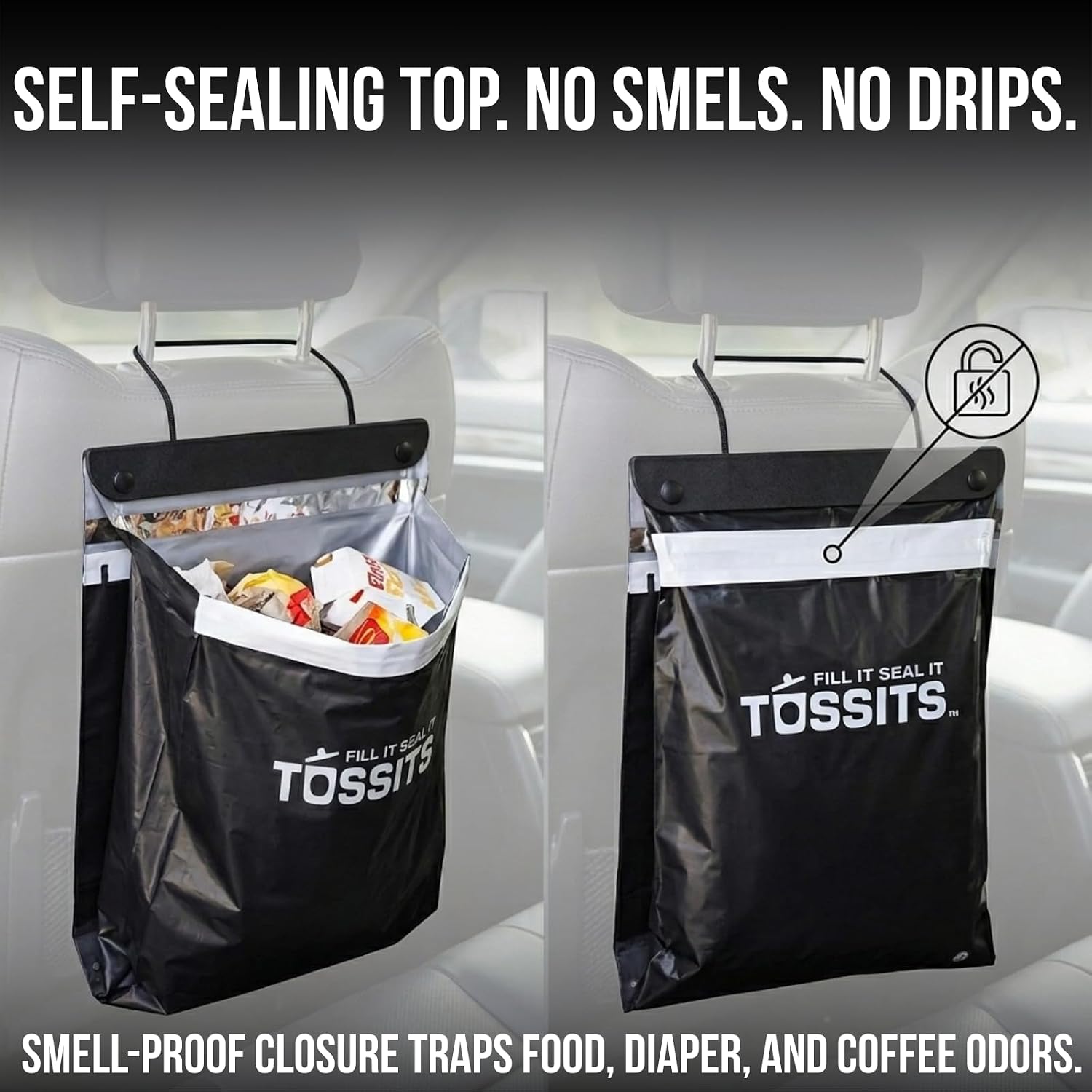 Tossits Hanging Car Trash & Garbage Bags, Disposable, Black 21 Count