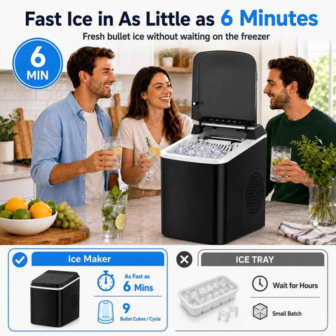 Anypro Countertop Ice Maker Machine, Portable Bullet Ice Maker, 9 Cubes Ready in 6 Mins, 33Lbs/24H, 2 Ice Sizes, Self Cleaning Ice Maker, Basket & Scoop, Compact Ice Machine for Home Kitchen Office RV