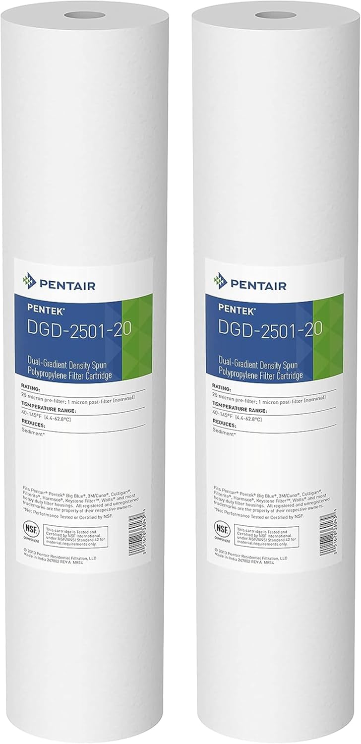 Pentair Pentek DGD-2501-20 Big Blue Sediment Water Filter, 20-Inch, Whole House Dual-Gradient Density Spun Polypropylene Cartridge, 20" x 4.5", 1 Micron, Pack of 2