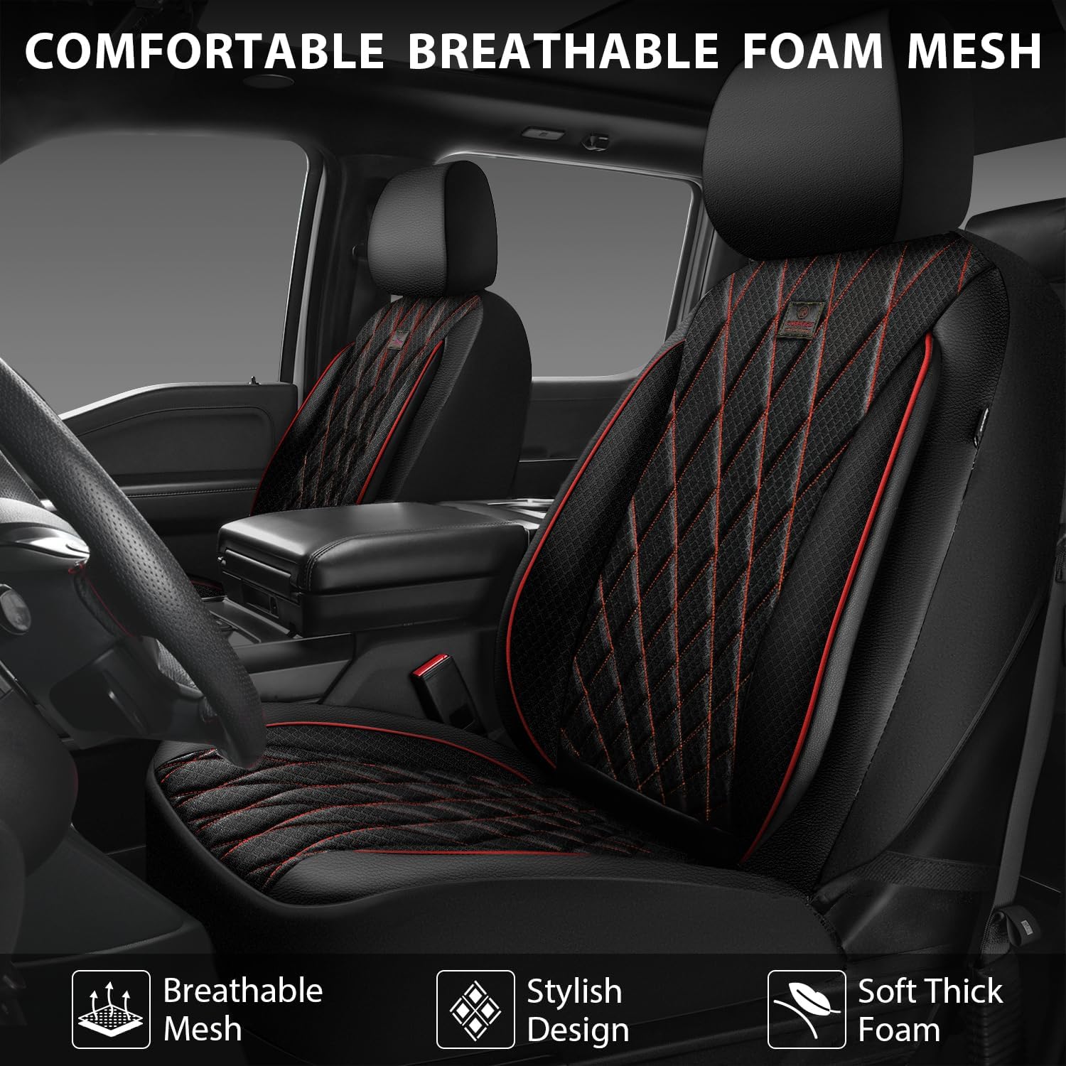 CAR PASS Thick Foam 3D Air Mesh Leather Car Seat Covers Front Seats Only, Breathable Premuim Leather Two Front Seat Cover, Airbag Compatible Universal Fit for 95% Sedan Van Truck SUV,Black and Red