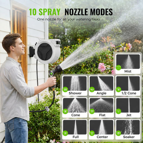 100ft Retractable Garden Hose Reel 1/2" with 10-Function Nozzle