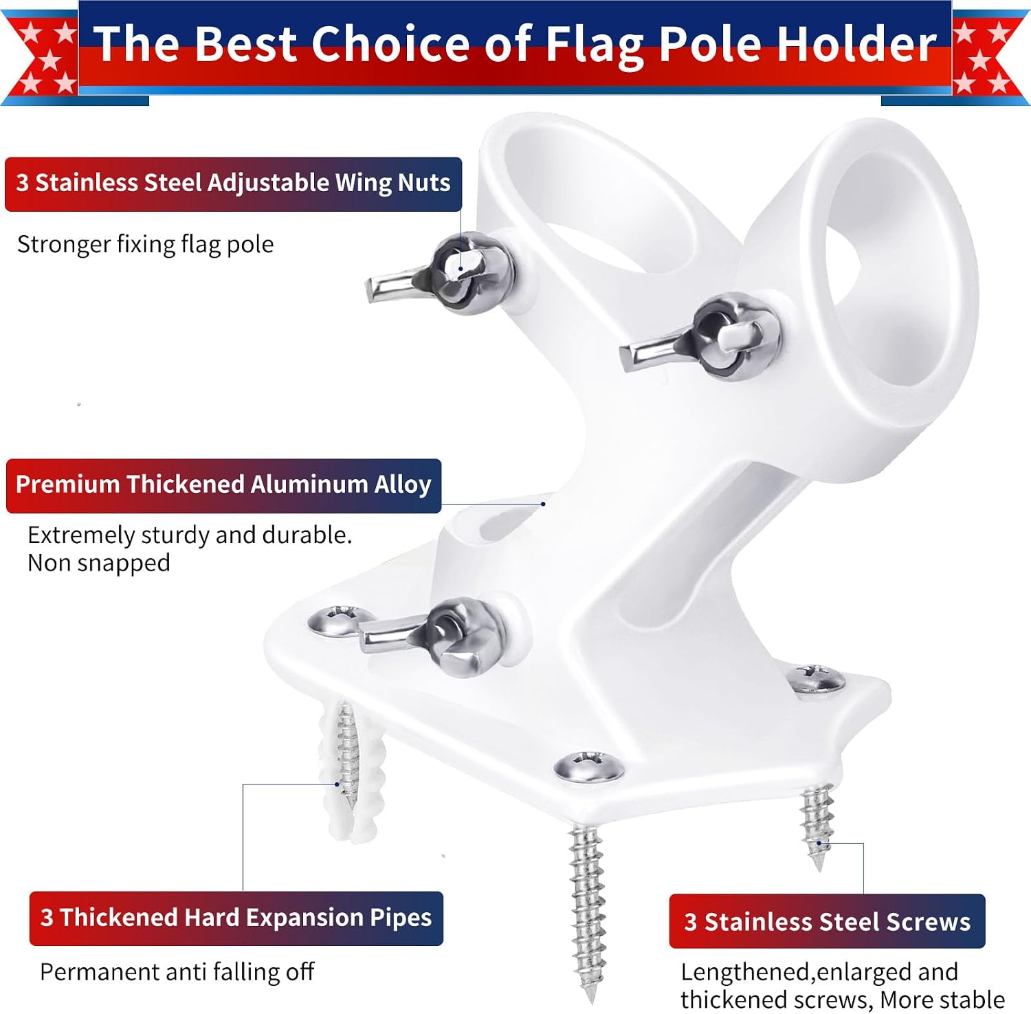 Flag Pole Holder, Outside House Flag Pole Bracket, Heavy Duty Metal Flag Mount, Aluminum Alloy Mounting Brackets, Outdoor Flag Holder- Strong Rust Free, Dual Position 1 inch White