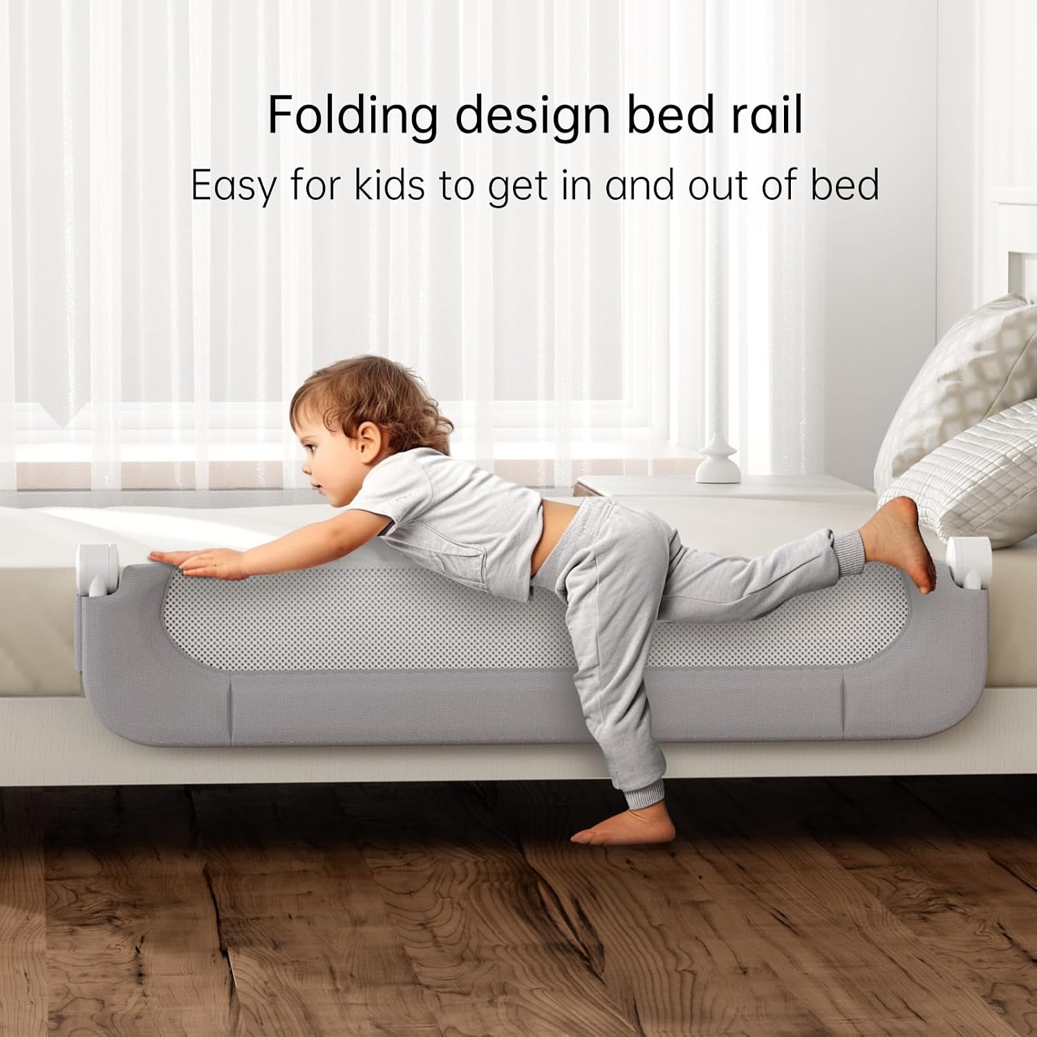 UPGOGO Folding Bed Rail for Toddlers, Grey, 33" L x 23.6" H