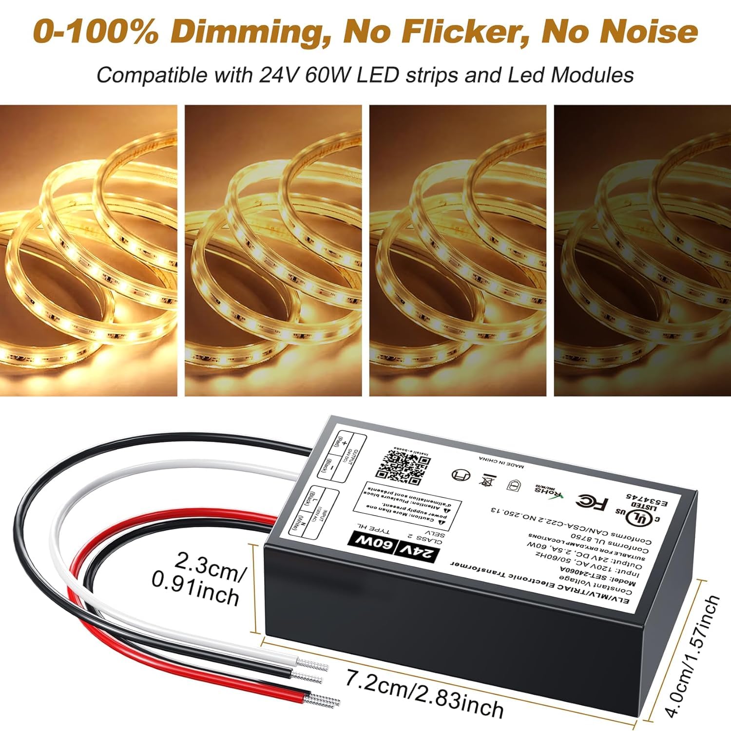 24V Dimmable LED Driver, 60W Triac ELV/MLV LED Transformer Compatible with Lutron&Leviton Switches, Dimmable Power Supply 60W 24V for Light Smooth Flicker Free Dimming