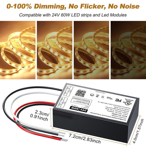 24V Dimmable LED Driver, 60W Triac ELV/MLV LED Transformer Compatible with Lutron&Leviton Switches, Dimmable Power Supply 60W 24V for Light Smooth Flicker Free Dimming