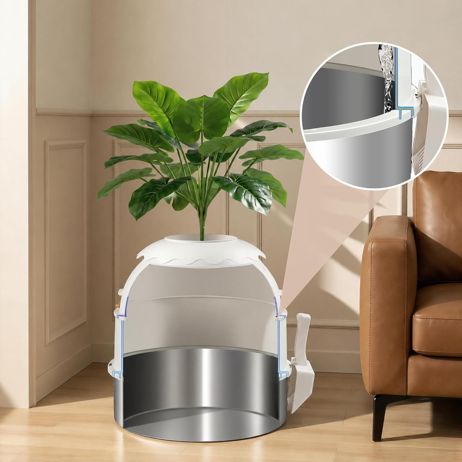 Hidden Litter Box, Stainless Steel Litter Box with Faux Plant Decor, Litter Box Enclosure with Clear Front Door, Includes Scoop & Litter Mat, Odor Control, Easy to Clean (White)